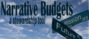 Stock art of a street sign that says "Mission" and "Future" with the words "NARRATIVE BUDGETS a stewardship tool" printed in the sky