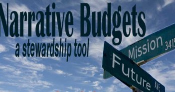 Stock art of a street sign that says "Mission" and "Future" with the words "NARRATIVE BUDGETS a stewardship tool" printed in the sky