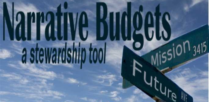 Stock art of a street sign that says "Mission" and "Future" with the words "NARRATIVE BUDGETS a stewardship tool" printed in the sky