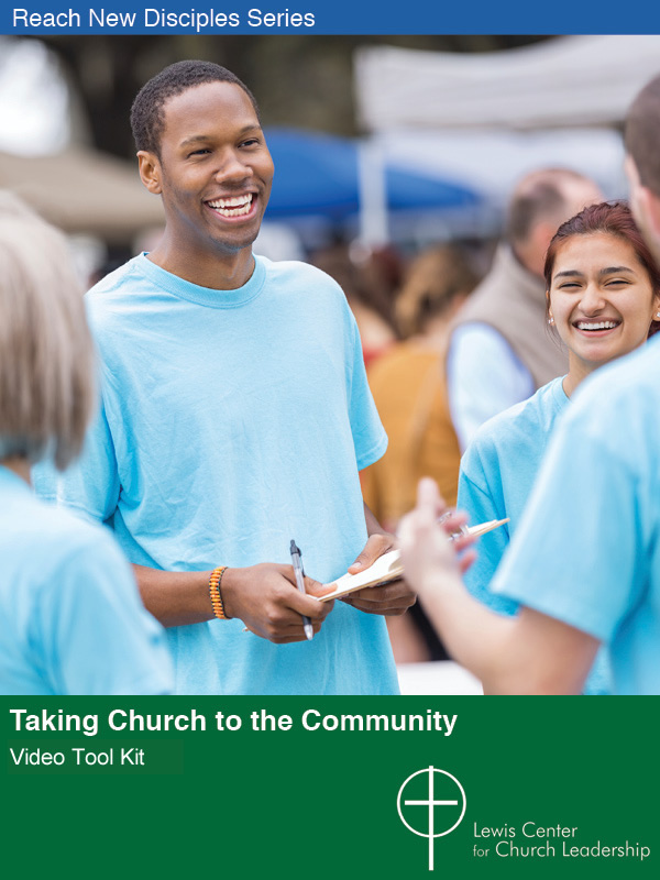 Taking Church to the Community Video Tool Kit cover showing a smiling group of people collecting signatures on a clipboard