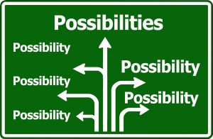 Stock photo of a road sign that has many arrows pointing to different individual possibilities