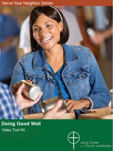 Doing Good Well Video Tool Kit cover featuring a smiling woman packing groceries at a food drive