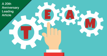 Illustration of a hand touching gears that spell out TEAM