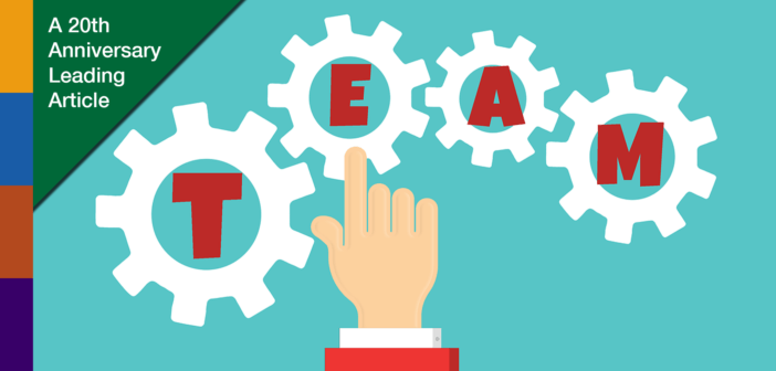 Illustration of a hand touching gears that spell out TEAM