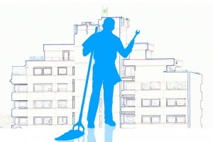 Clip art of a silhouette of a repairman in front of a building