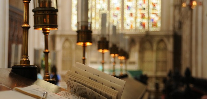 Stock photo of a chancel that has a desk for choristers on it