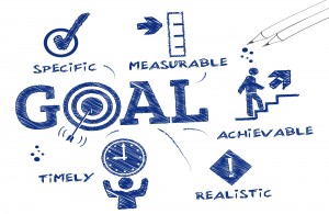 Clip art of a blackboard with words pertaining to "GOALS" written on it