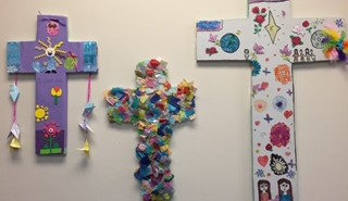 Creative Lenten Activity Encourages Reflection Stock image of three whimsical crosses, as if decorated by children