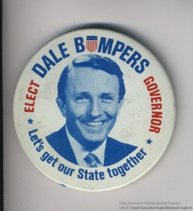 Stock photo of a campaign button for gubernatorial candidate Dale Bumpers