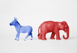 Stock photo of blue donkey and red elephant representatives of political parties