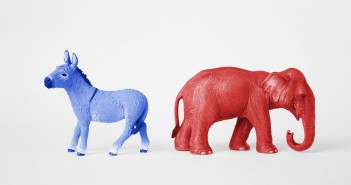Stock photo of blue donkey and red elephant representatives of political parties