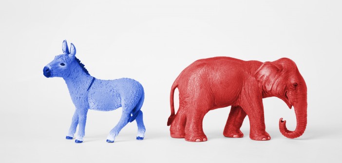 Stock photo of blue donkey and red elephant representatives of political parties