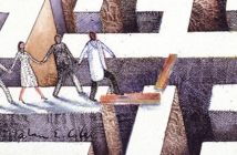 Illustration of people walking carefully over a giant and deep maze