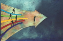 Colorful illustration of people walking along arrows