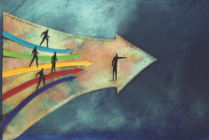 Colorful illustration of people walking along arrows