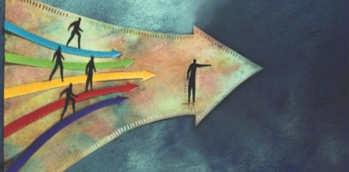 Colorful illustration of people walking along arrows