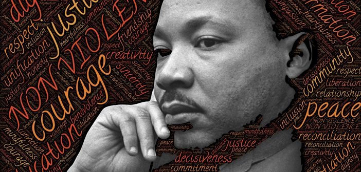 picture of Dr. Martin Luther King, Jr. in front of a word cloud