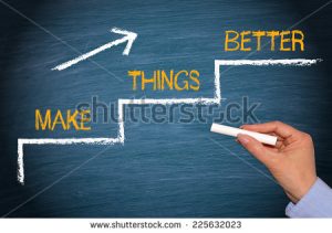 Chalkboard with a staircase with three steps drawn on it in white chalk. "MAKE THINGS BETTER" is written on each step.