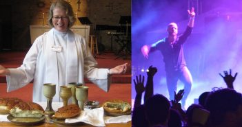 Photo contrasting traditional worship and contemporary/concert-style worship