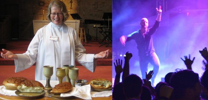 Photo contrasting traditional worship and contemporary/concert-style worship