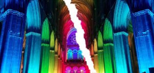 Ripped-in-half photo of the interior of a church lit in rainbow hues