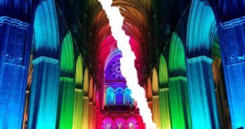 Ripped-in-half photo of the interior of a church lit in rainbow hues