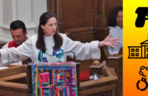 4 Tips for Preaching on Politically Charged Topics Rev. Ginger Gaines-Cirelli preaching from the pulpit beside icons of a gun, the White House, and handcuffs