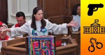 Rev. Ginger Gaines-Cirelli preaching from the pulpit beside icons of a gun, the White House, and handcuffs