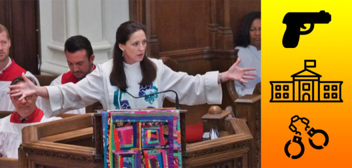 Rev. Ginger Gaines-Cirelli preaching from the pulpit beside icons of a gun, the White House, and handcuffs