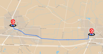 Map showing two churches several miles apart in different towns