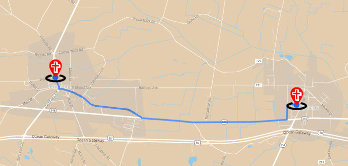 Map showing two churches several miles apart in different towns