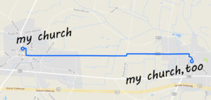 Map showing two churches several miles apart in different towns