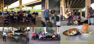 Photo collage of a worship service beneath an interstate bridge