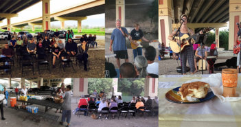 Photo collage of a worship service beneath an interstate bridge