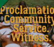 A small group praying together before dinner with superimposed words "Proclamation. Community. Service. Witness."
