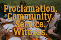 4 Characteristics of Biblical Evangelism A small group praying together before dinner with superimposed words "Proclamation. Community. Service. Witness."