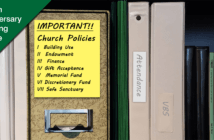 7 Policies Every Church Needs for Trust and Transparency Bookshelf with binder of church policies