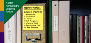 Bookshelf with binder of church policies