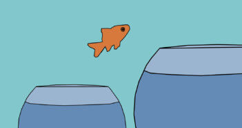 Illustration of a goldfish jumping through the air from a smaller fishbowl to a larger one