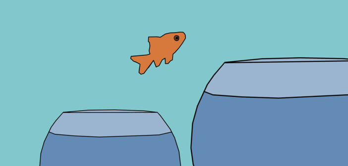 Illustration of a goldfish jumping through the air from a smaller fishbowl to a larger one