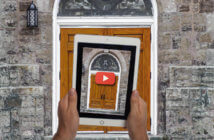 Online Church is Your New Front Door Person holding up a tablet with an image of a church door in front of said church door