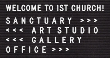 Felt letter board pointing the way to the sanctuary, art studio, gallery, and office