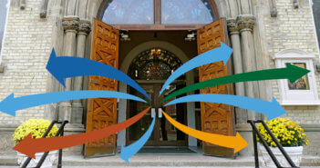 Church doors with arrows pointing outward representing taking ministry out to the community