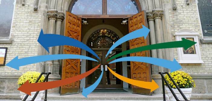 Church doors with arrows pointing outward representing taking ministry out to the community