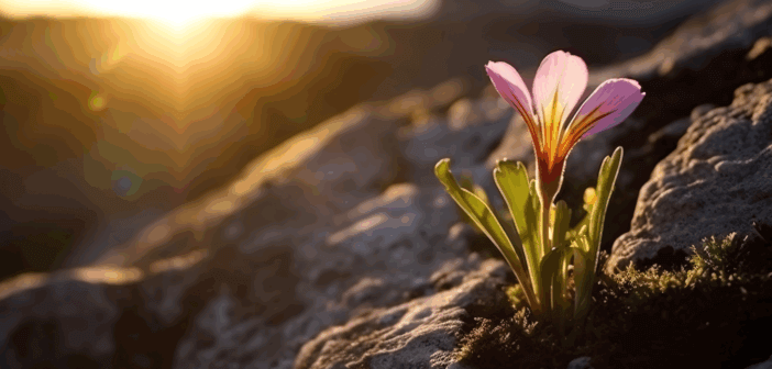 A crocus flower blooming among barren rocks