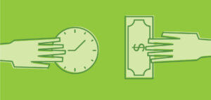 Graphic showing a hand holding a clock and a hand holding cash