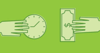 Graphic showing a hand holding a clock and a hand holding cash