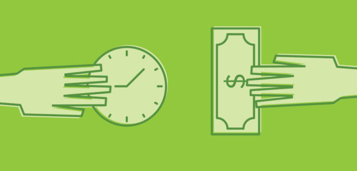 Graphic showing a hand holding a clock and a hand holding cash