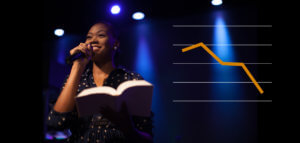 Photo of a young female pastor preaching plus a line graph showing a large decrease