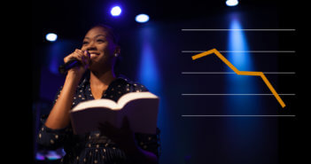 Photo of a young female pastor preaching plus a line graph showing a large decrease